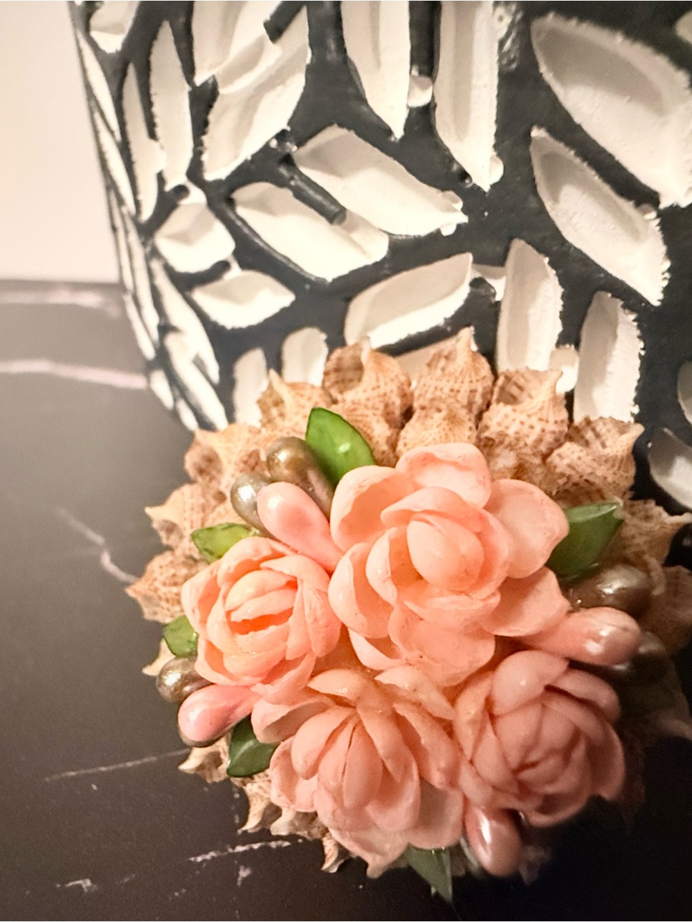 Vintage Shell Pink Rose Brooch Coastal Floral Cottagecore Pin